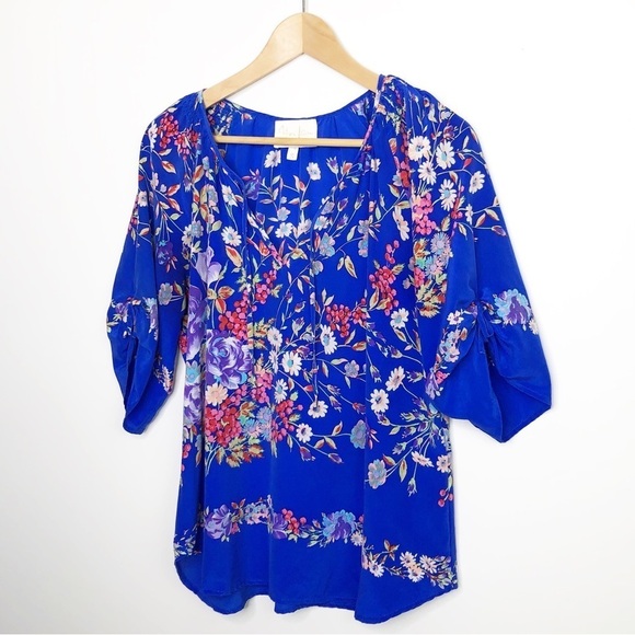 YUMI Kim Blue floral silk BoHo peasant blouse - Picture 7 of 11